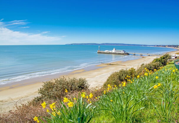 Cliff top view of Bournemouth Pier and Beach