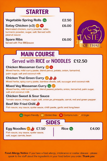 Taste of Thai Campsite Menu