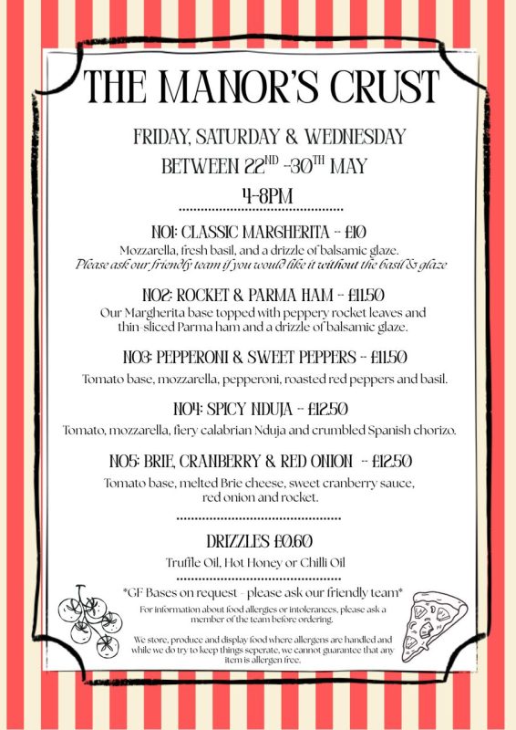 The Manors Crust Bank Holiday Weekend menu