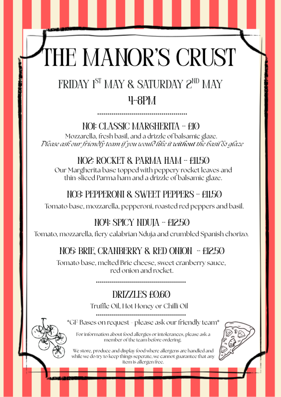 The Manors Crust Pizza menu for bank holiday weekend
